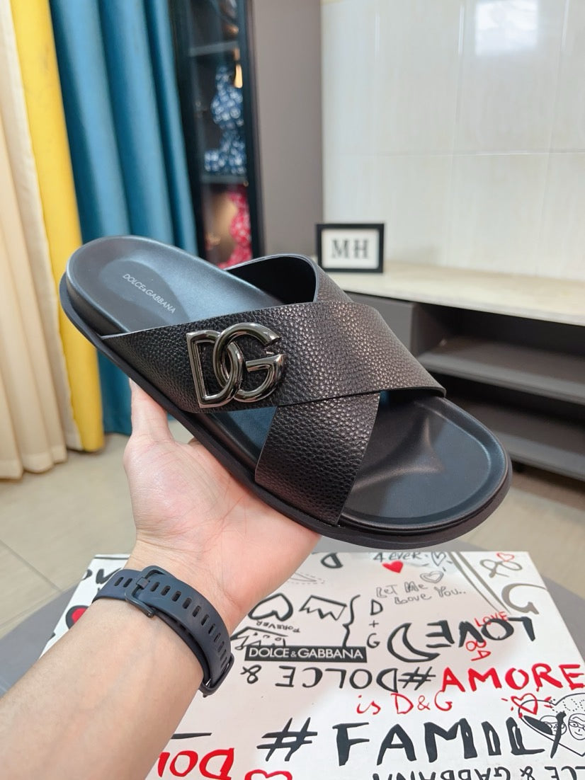 Dolce & Gabbana DG Men's Leather Strap Sandals with Aluminum Buckle