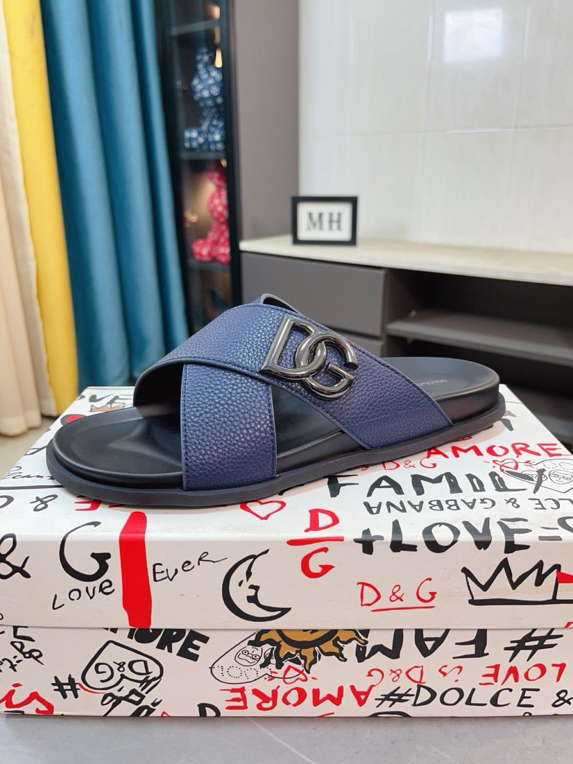 Dolce & Gabbana DG Men's Leather Strap Sandals with Aluminum Buckle