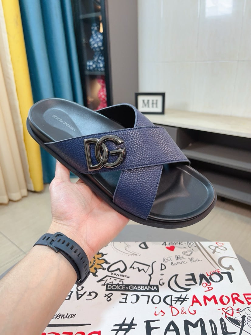 Dolce & Gabbana DG Men's Leather Strap Sandals with Aluminum Buckle