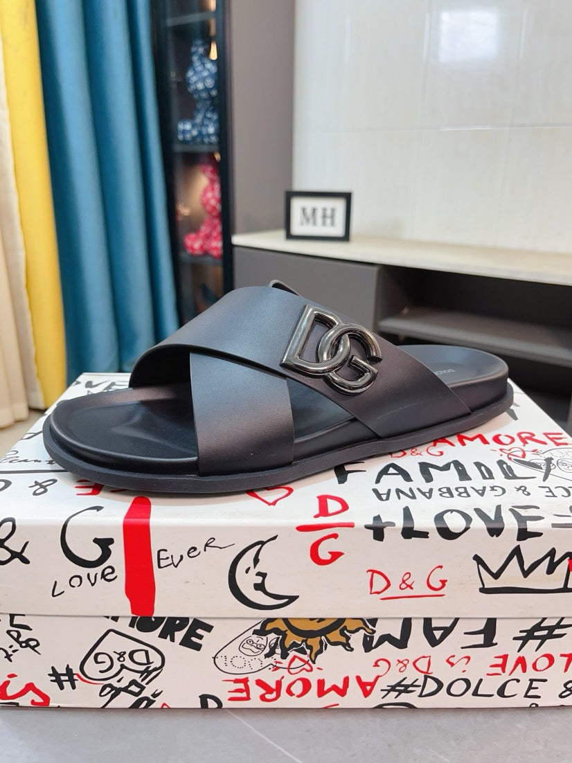 Dolce & Gabbana DG Men's Leather Strap Sandals with Aluminum Buckle