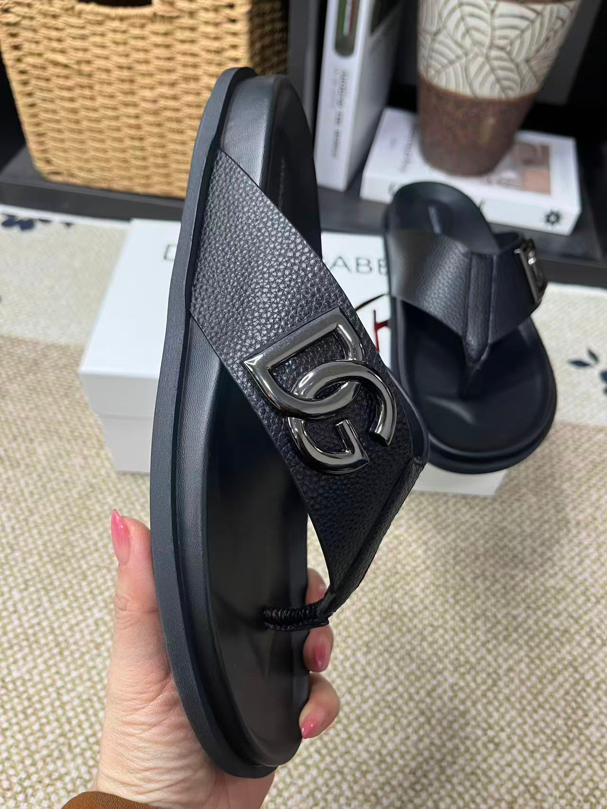 Dolce & Gabbana DG Men's Leather Strap Sandals with Aluminum Buckle