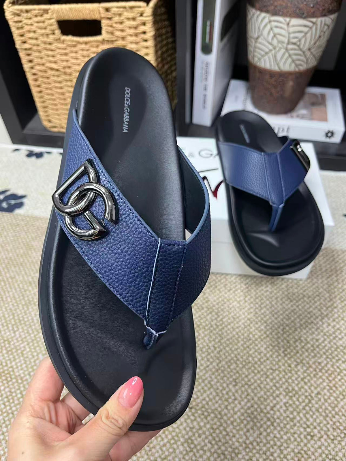 Dolce & Gabbana DG Men's Leather Strap Sandals with Aluminum Buckle