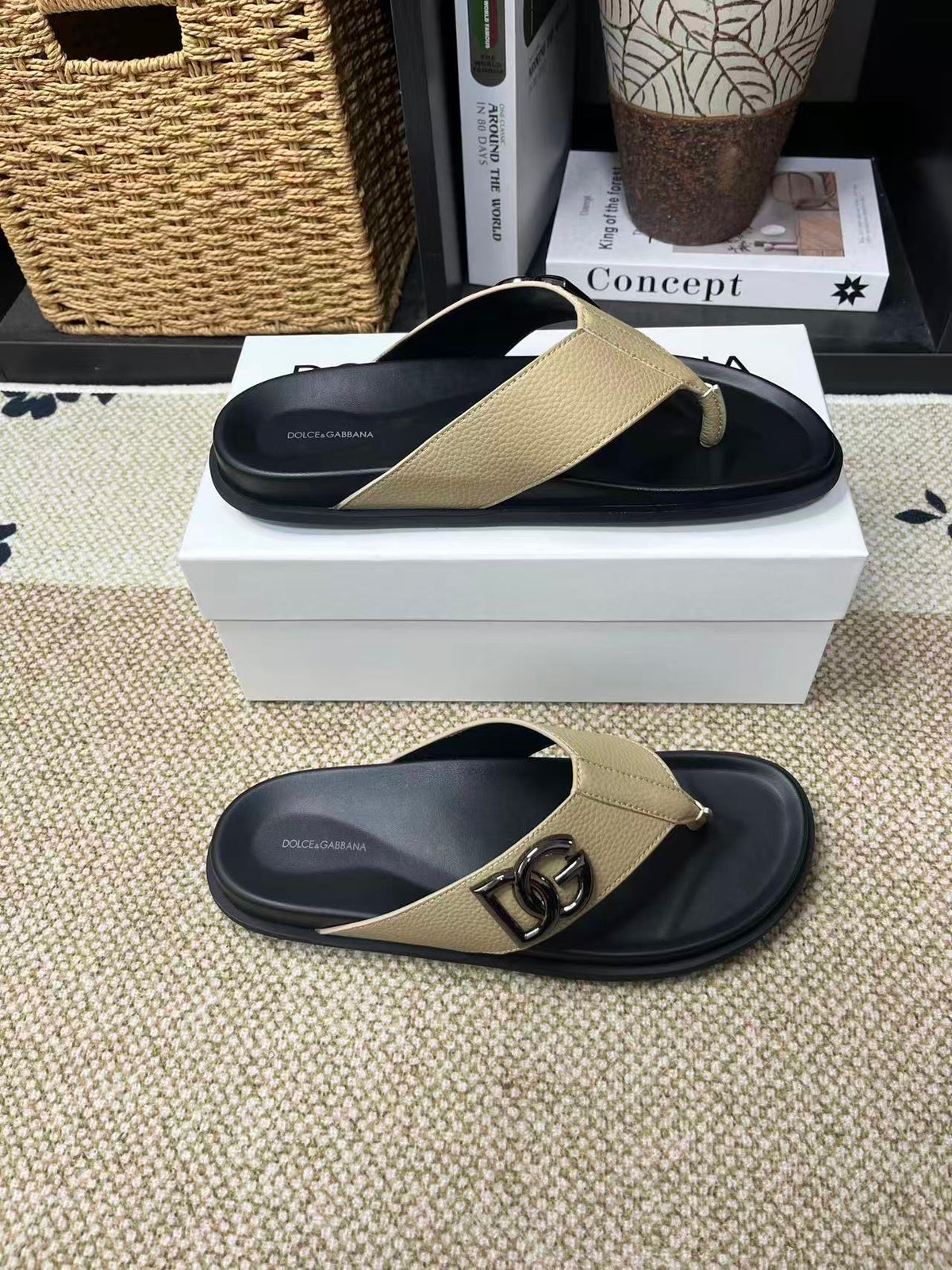 Dolce & Gabbana DG Men's Leather Strap Sandals with Aluminum Buckle