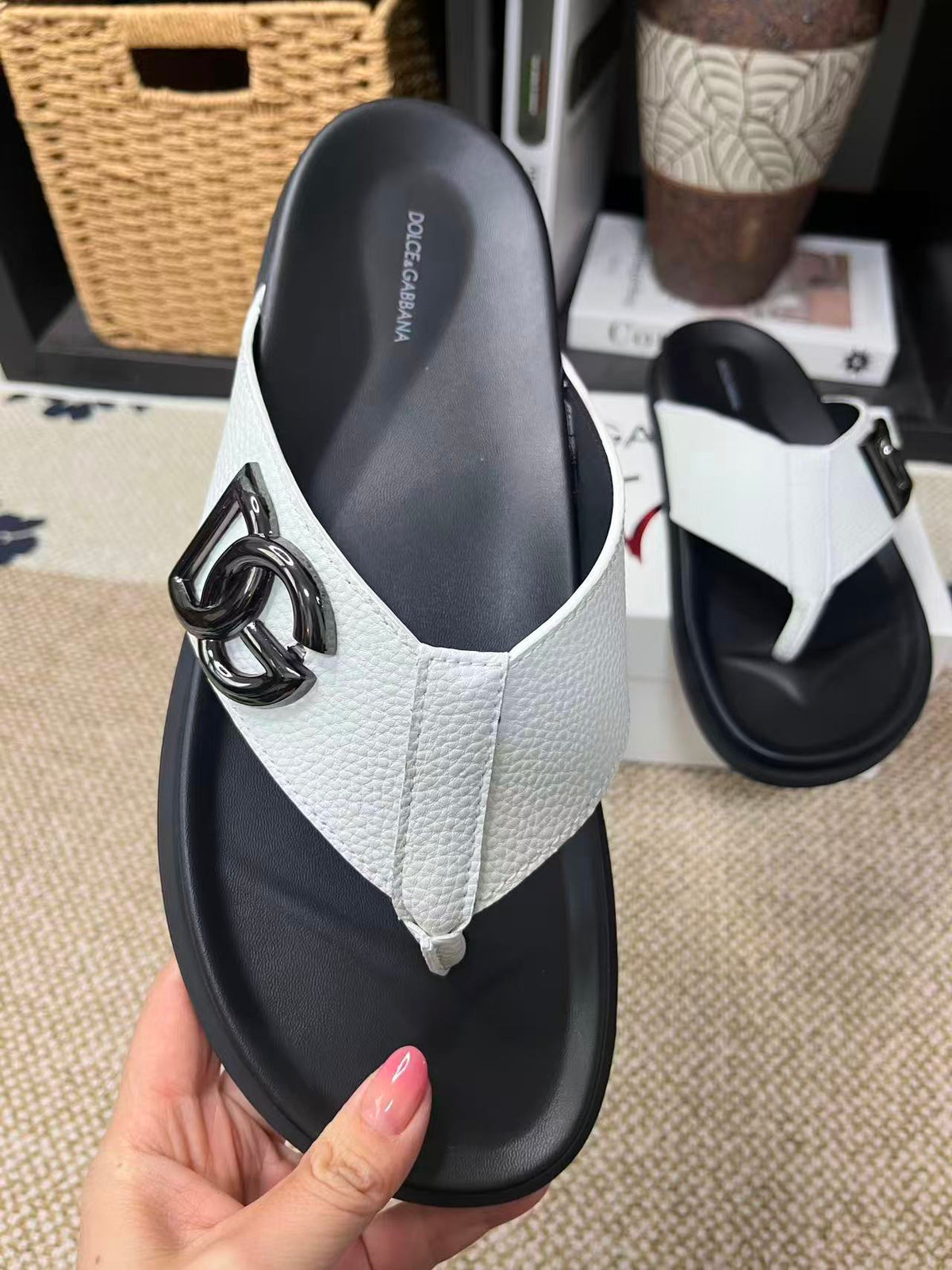 Dolce & Gabbana DG Men's Leather Strap Sandals with Aluminum Buckle