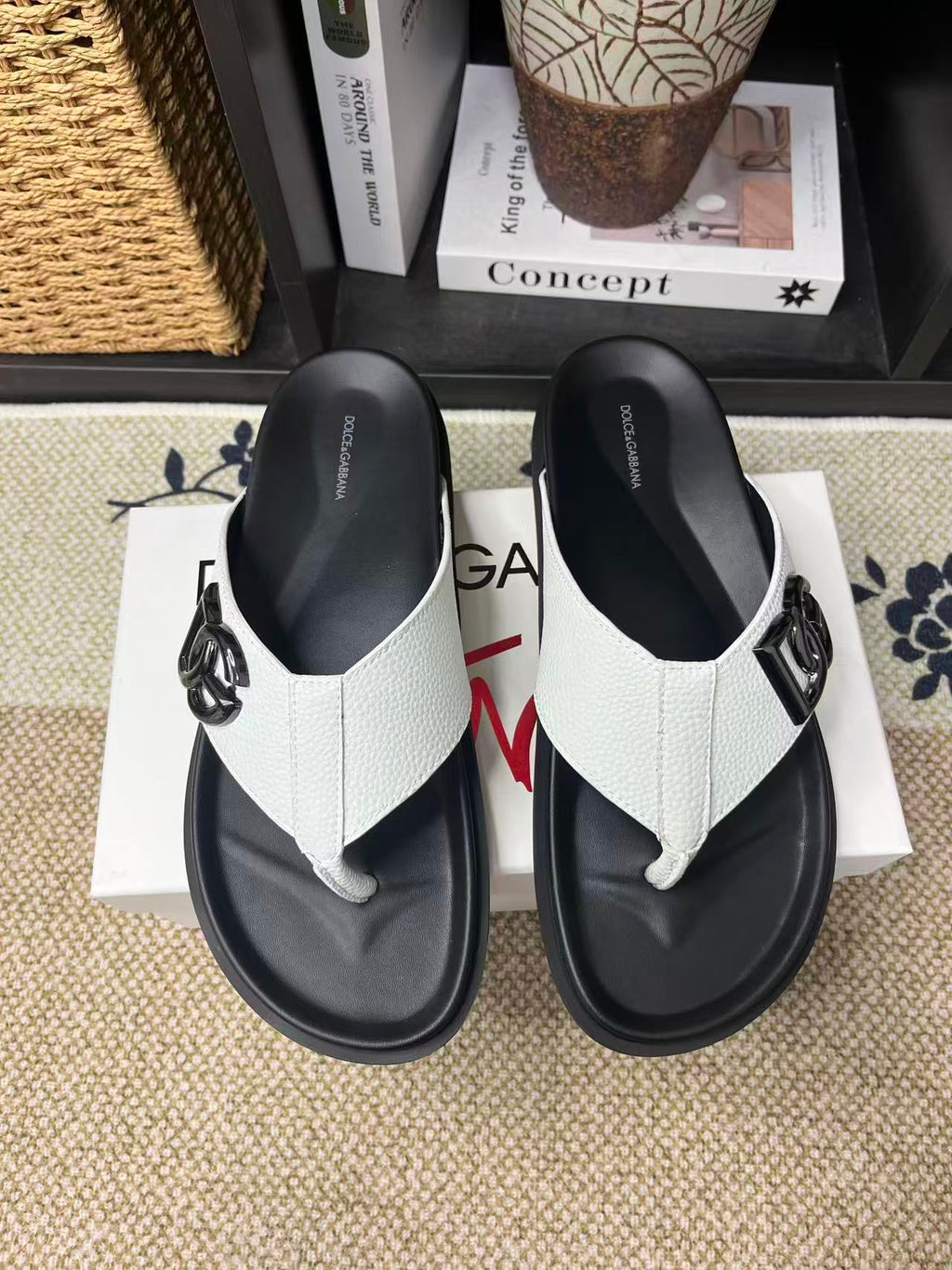 Dolce & Gabbana DG Men's Leather Strap Sandals with Aluminum Buckle