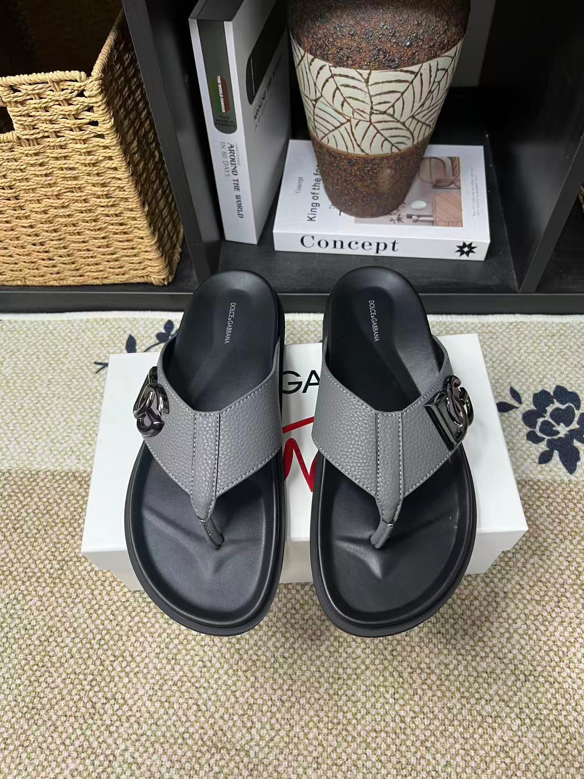 Dolce & Gabbana DG Men's Leather Strap Sandals with Aluminum Buckle