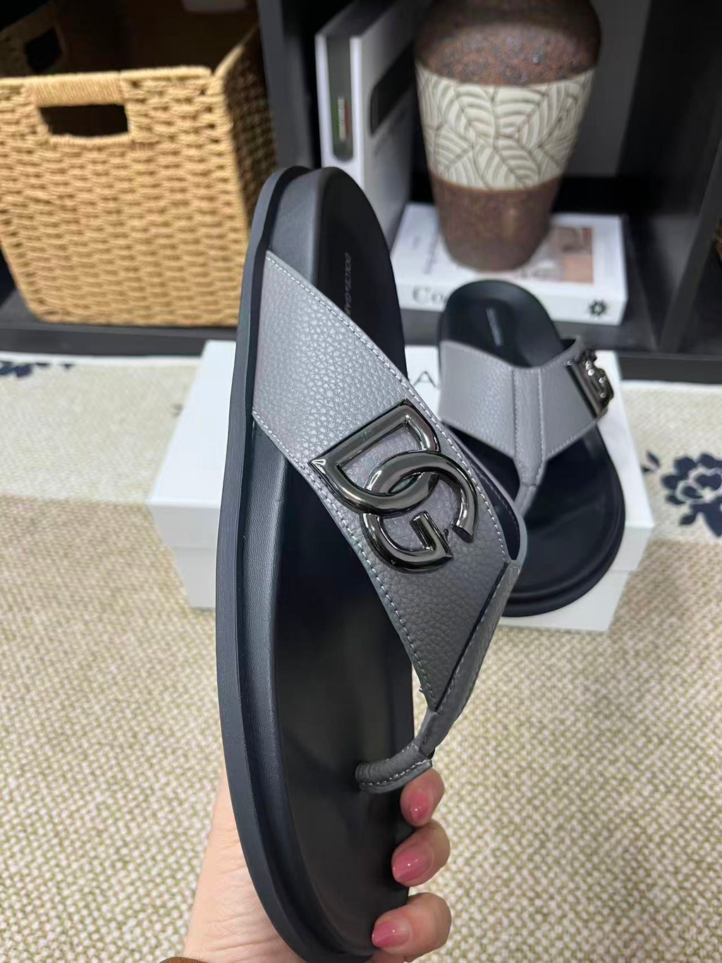 Dolce & Gabbana DG Men's Leather Strap Sandals with Aluminum Buckle
