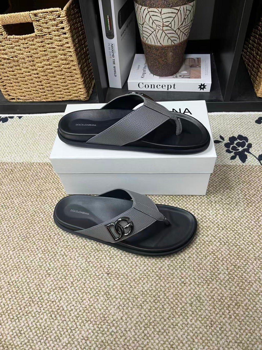 Dolce & Gabbana DG Men's Leather Strap Sandals with Aluminum Buckle