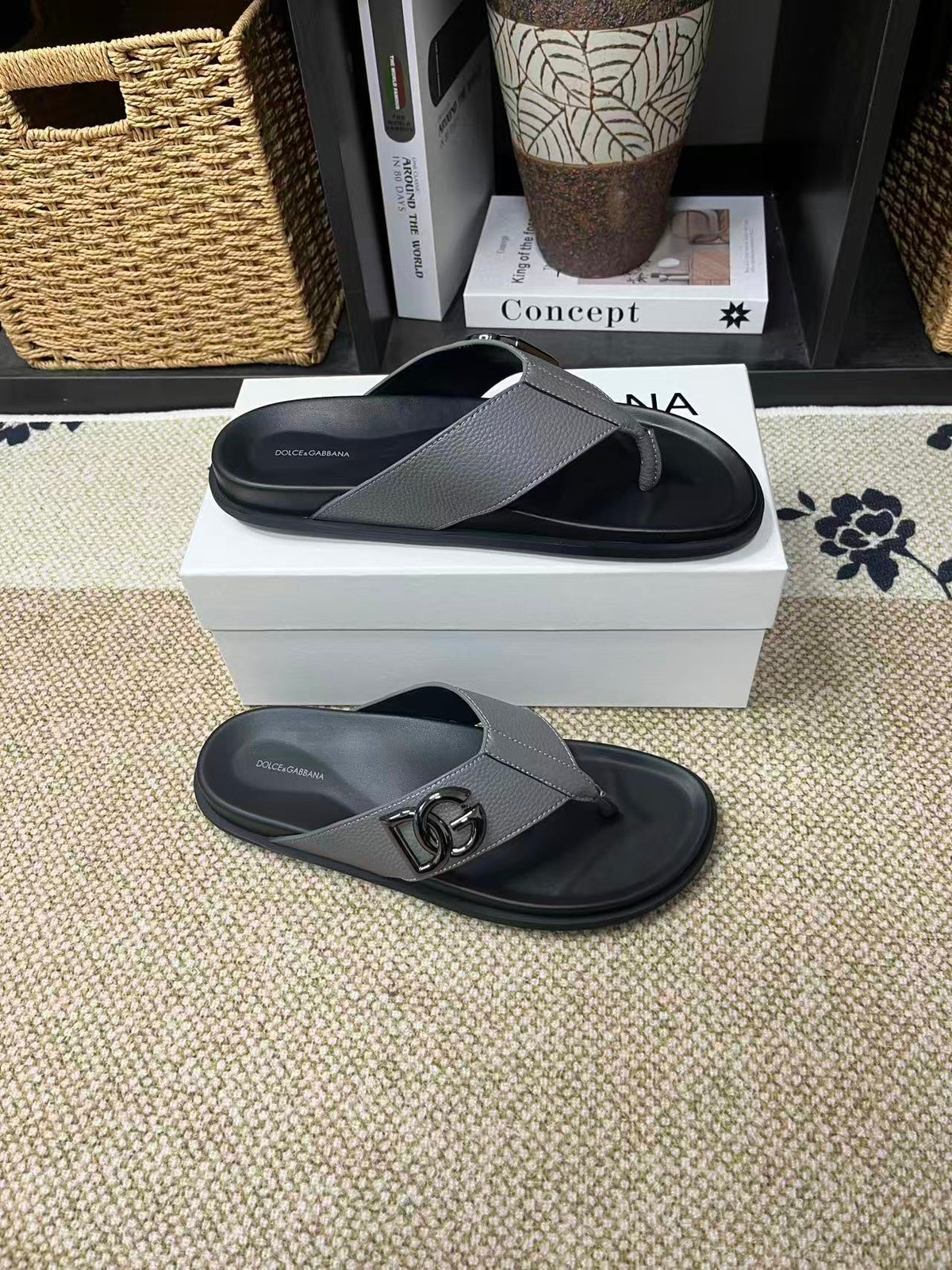 Dolce & Gabbana DG Men's Leather Strap Sandals with Aluminum Buckle