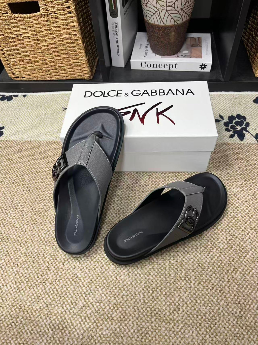 Dolce & Gabbana DG Men's Leather Strap Sandals with Aluminum Buckle