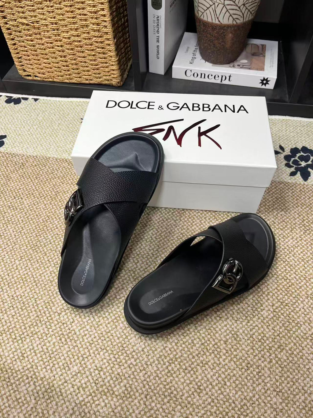 Dolce & Gabbana DG Men's Leather Strap Sandals with Aluminum Buckle
