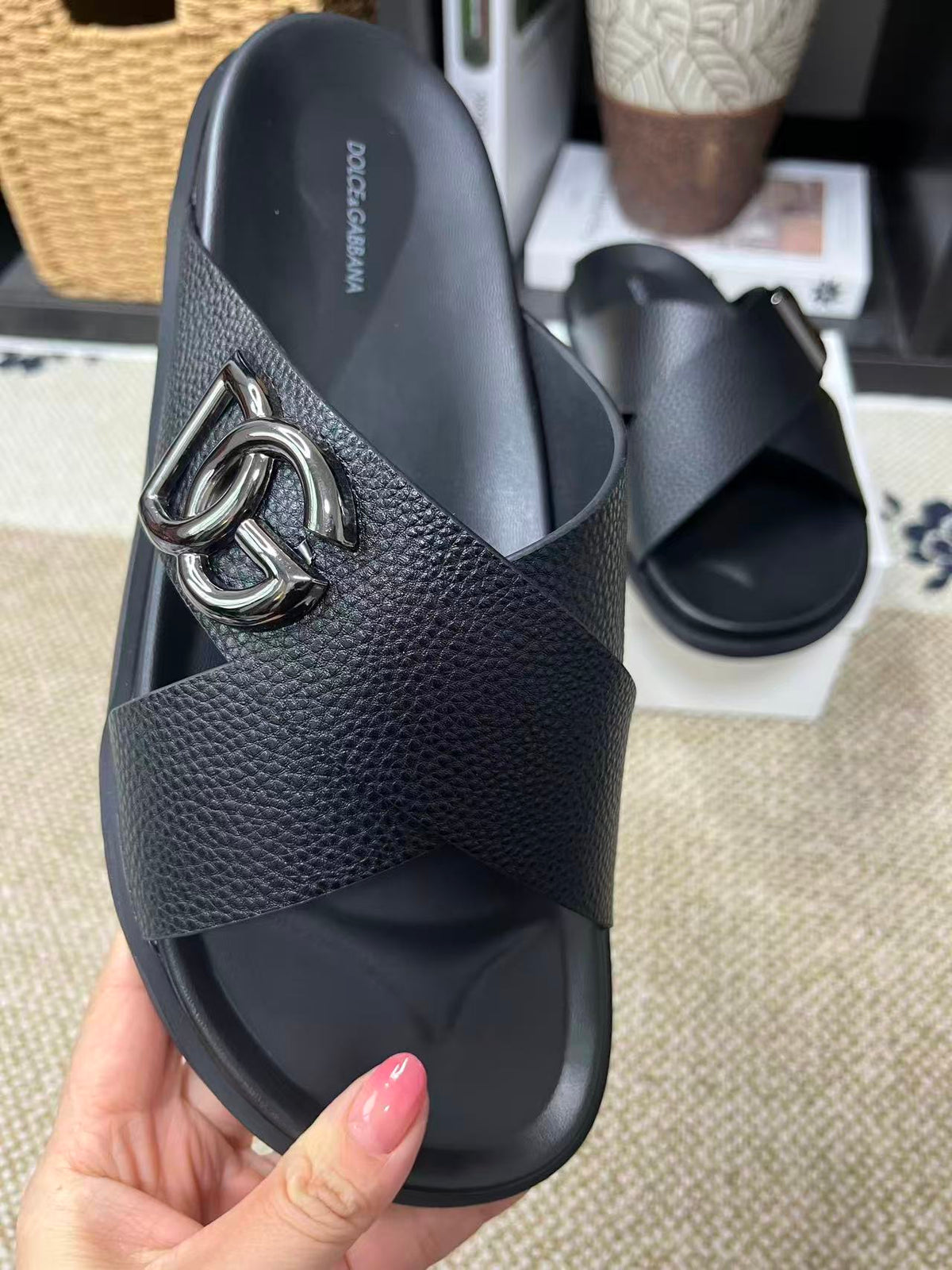 Dolce & Gabbana DG Men's Leather Strap Sandals with Aluminum Buckle