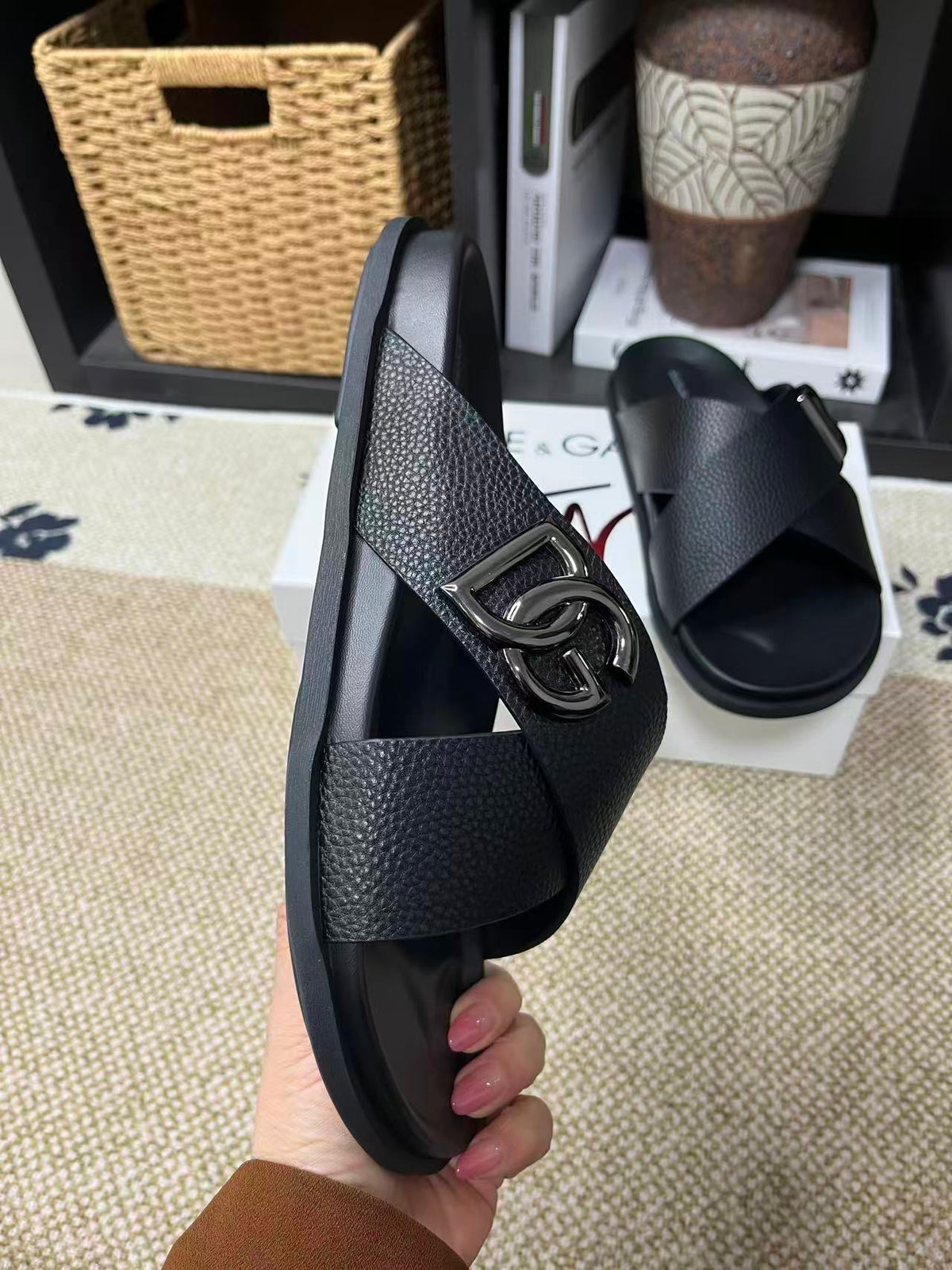 Dolce & Gabbana DG Men's Leather Strap Sandals with Aluminum Buckle
