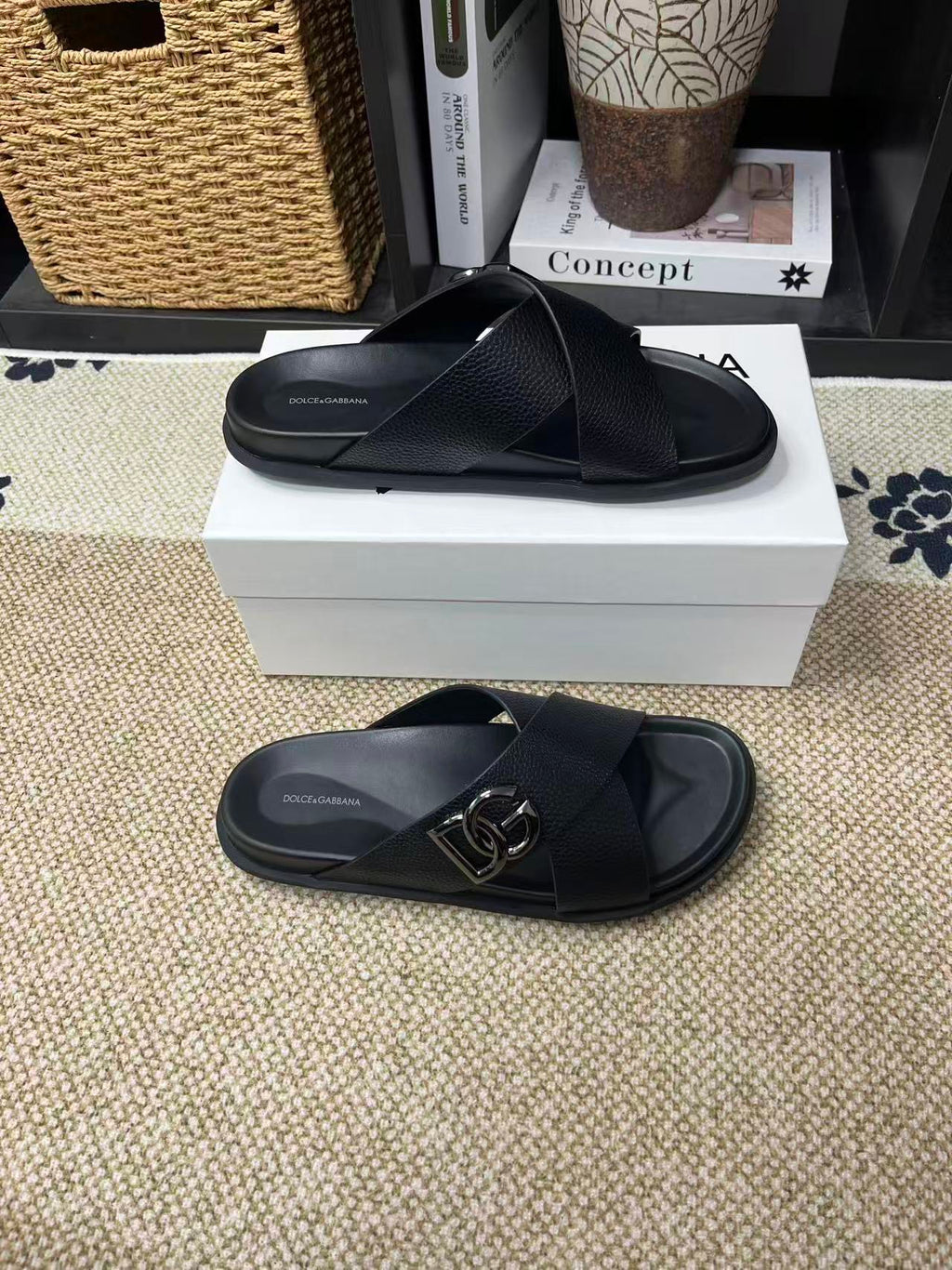 Dolce & Gabbana DG Men's Leather Strap Sandals with Aluminum Buckle