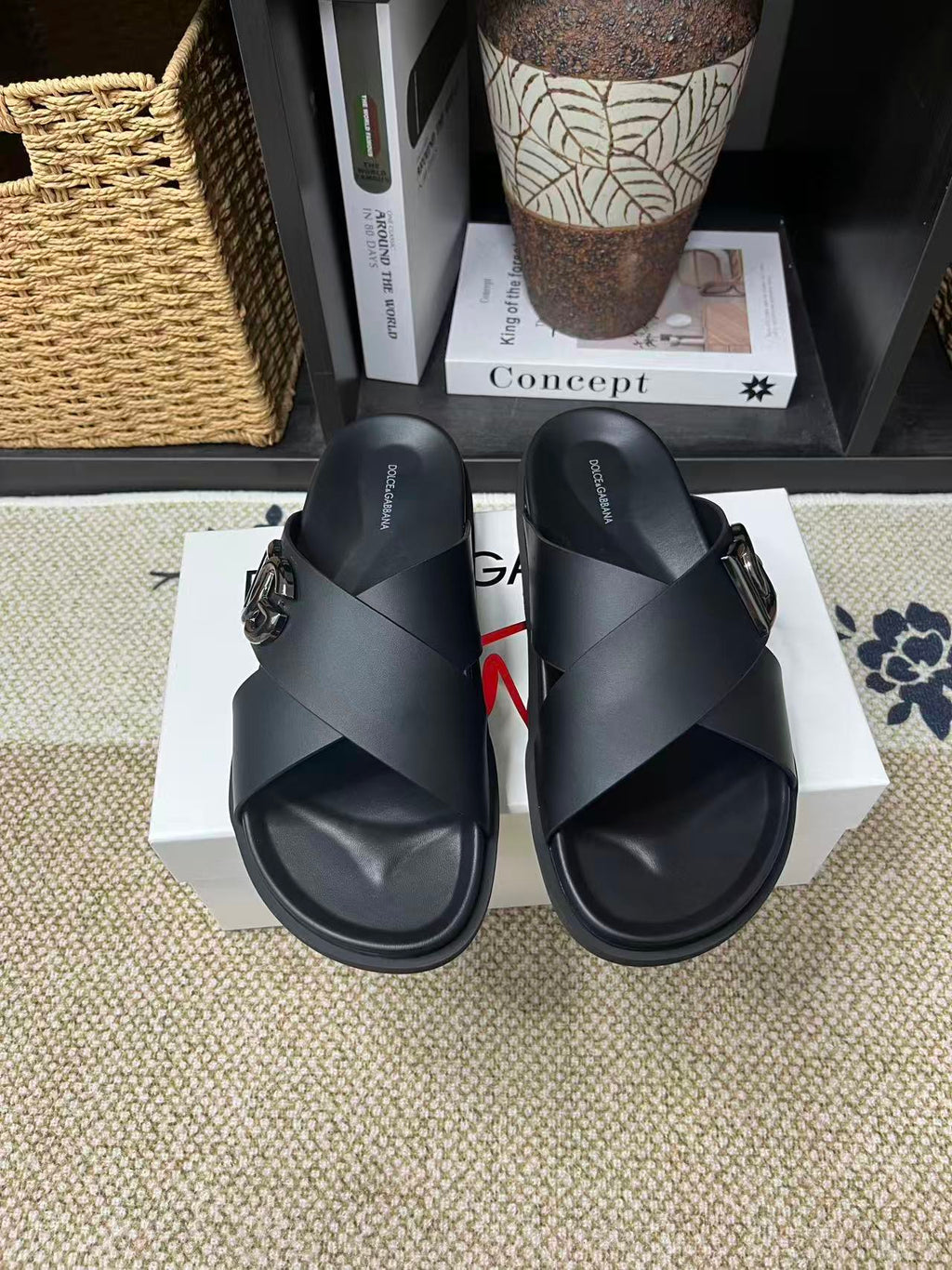 Dolce & Gabbana DG Men's Leather Strap Sandals with Aluminum Buckle