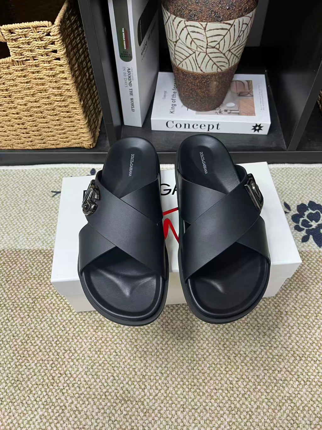 Dolce & Gabbana DG Men's Leather Strap Sandals with Aluminum Buckle