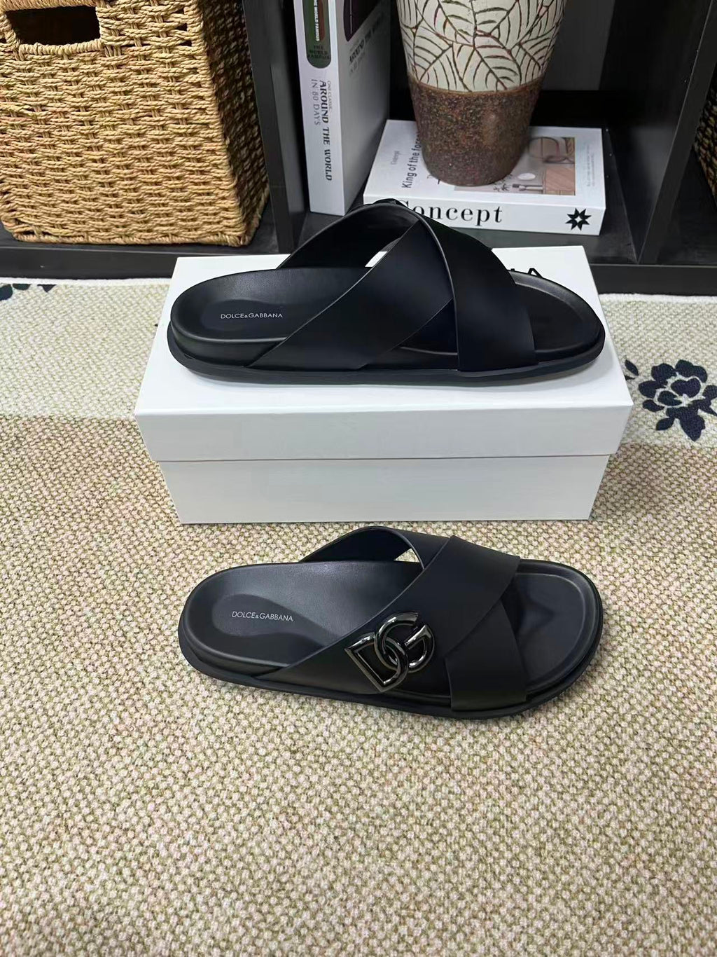 Dolce & Gabbana DG Men's Leather Strap Sandals with Aluminum Buckle