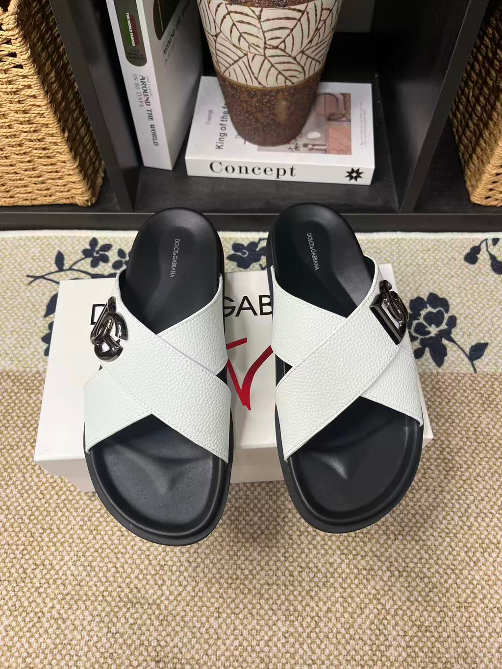 Dolce & Gabbana DG Men's Leather Strap Sandals with Aluminum Buckle