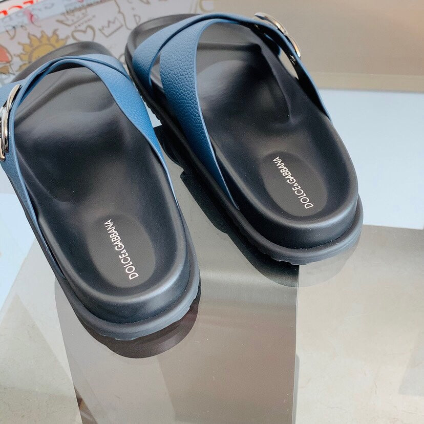Dolce & Gabbana DG Men's Leather Strap Sandals with Aluminum Buckle