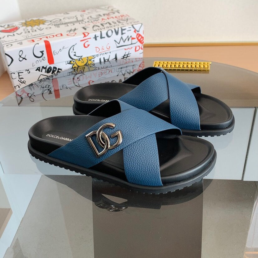 Dolce & Gabbana DG Men's Leather Strap Sandals with Aluminum Buckle