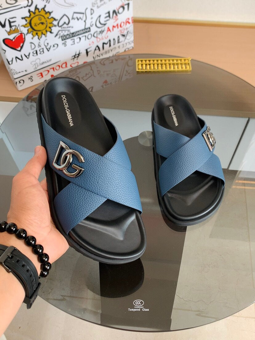 Dolce & Gabbana DG Men's Leather Strap Sandals with Aluminum Buckle