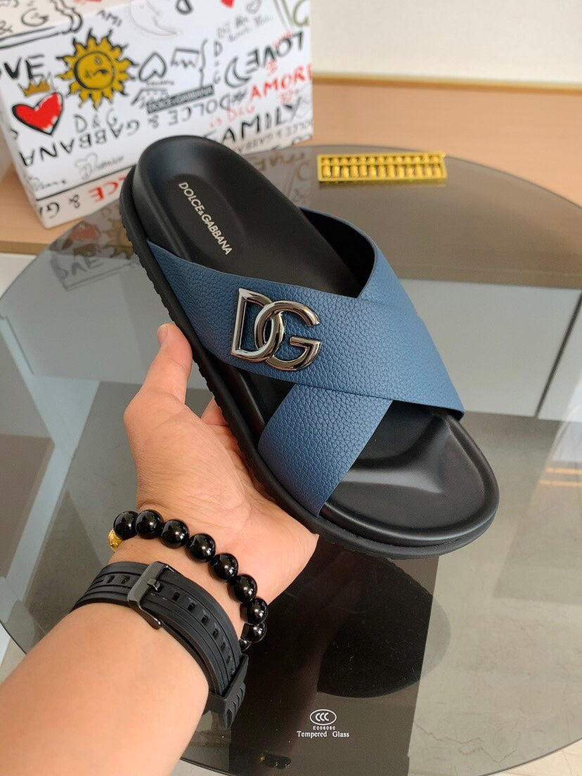 Dolce & Gabbana DG Men's Leather Strap Sandals with Aluminum Buckle