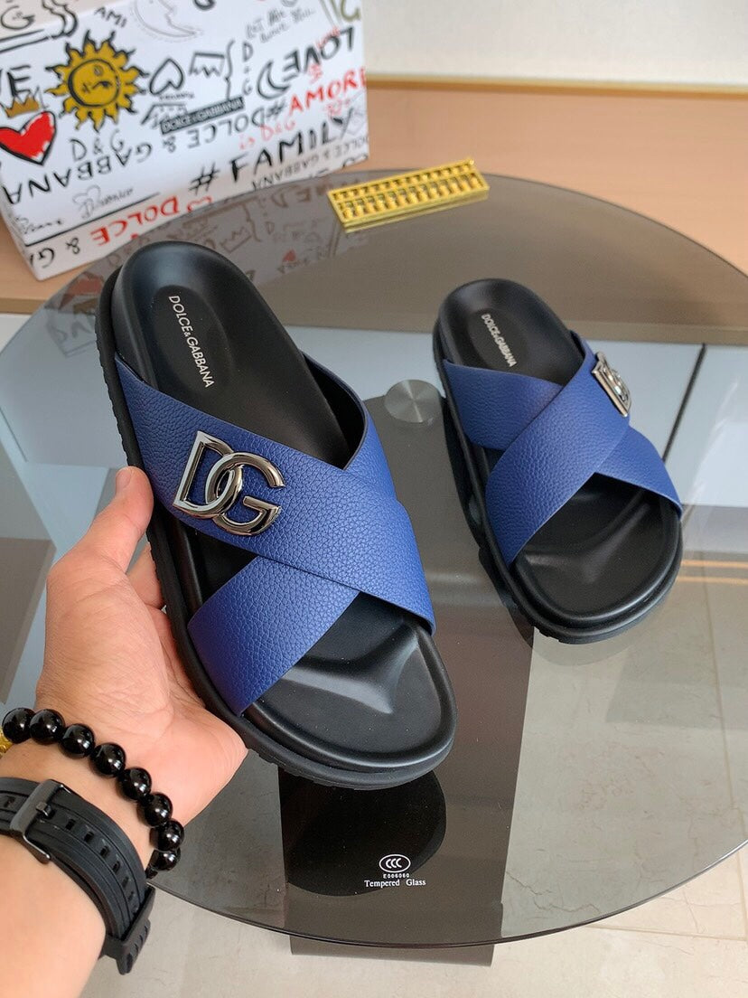 Dolce & Gabbana DG Men's Leather Strap Sandals with Aluminum Buckle