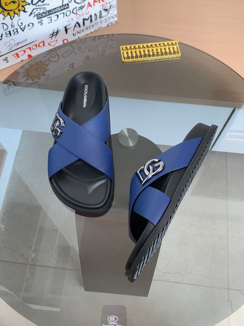 Dolce & Gabbana DG Men's Leather Strap Sandals with Aluminum Buckle