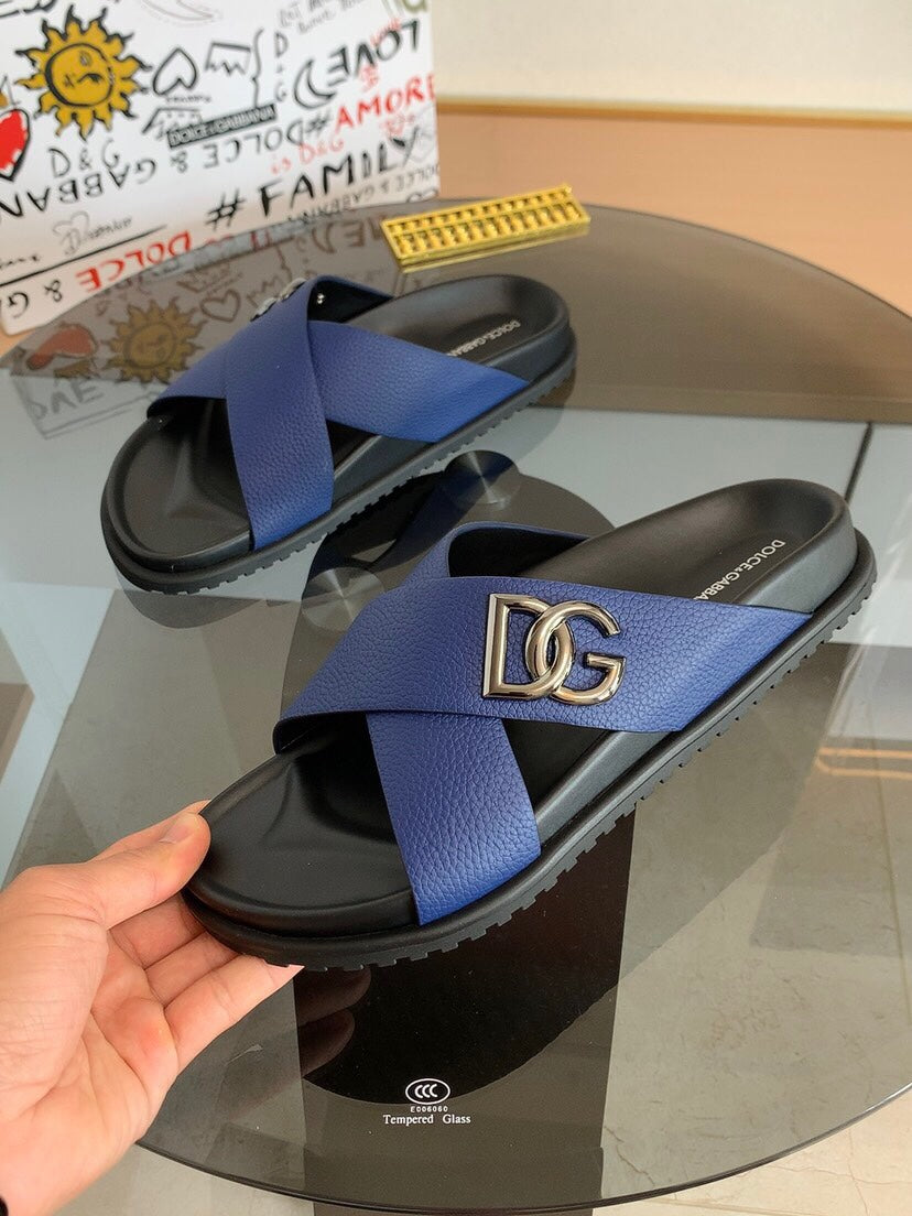 Dolce & Gabbana DG Men's Leather Strap Sandals with Aluminum Buckle
