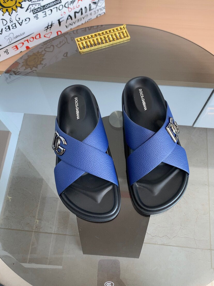 Dolce & Gabbana DG Men's Leather Strap Sandals with Aluminum Buckle