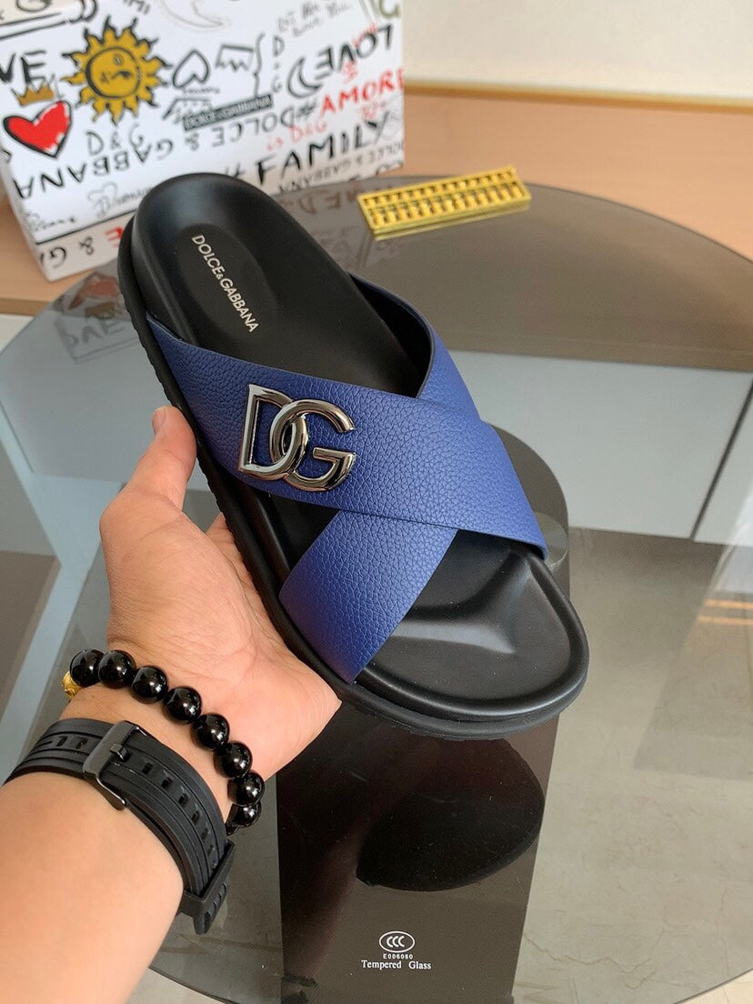 Dolce & Gabbana DG Men's Leather Strap Sandals with Aluminum Buckle