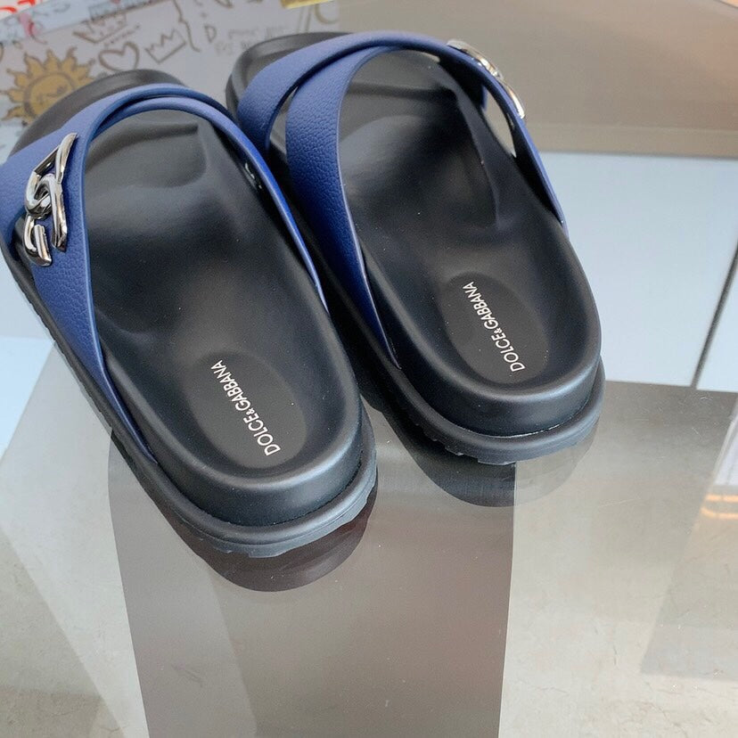 Dolce & Gabbana DG Men's Leather Strap Sandals with Aluminum Buckle