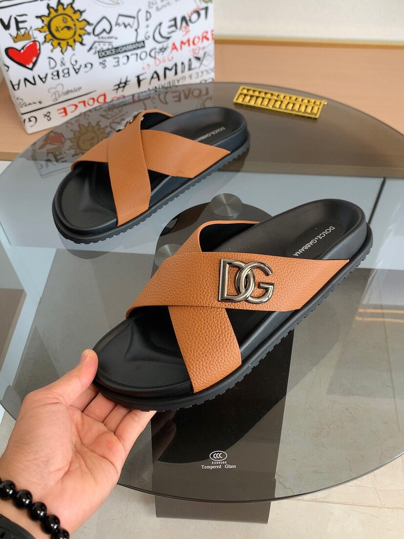 Dolce & Gabbana DG Men's Leather Strap Sandals with Aluminum Buckle