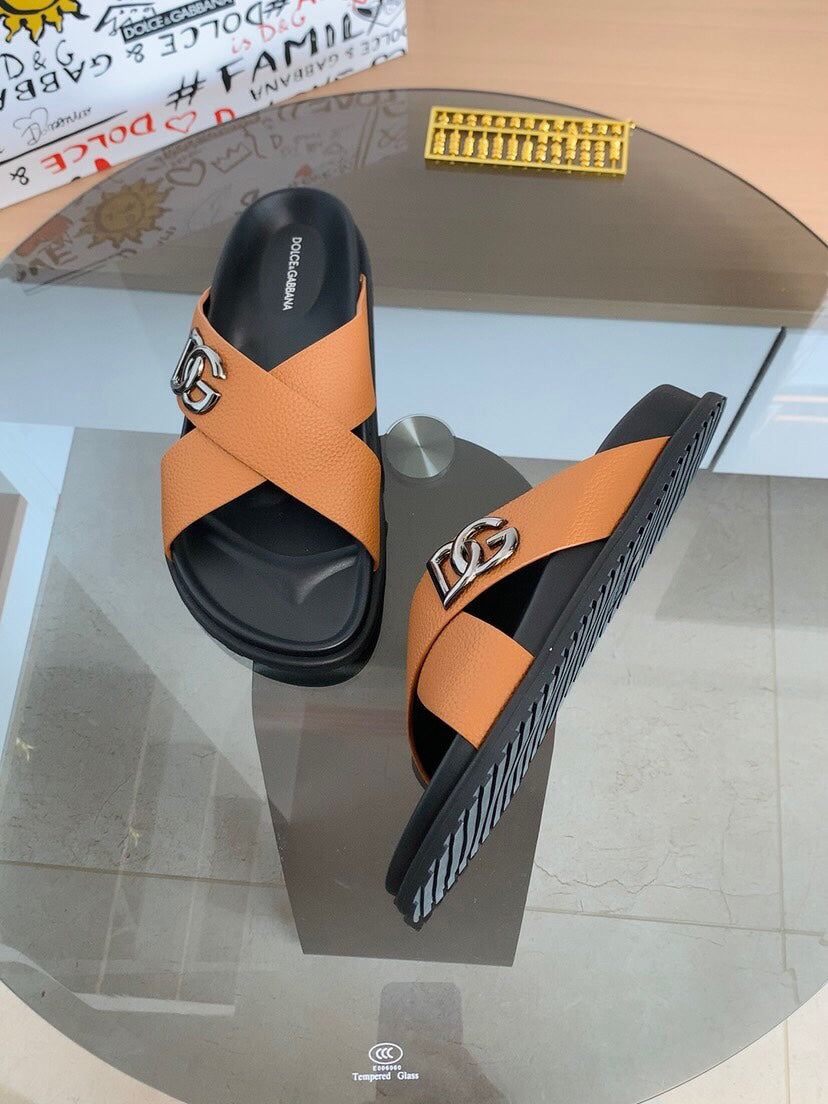 Dolce & Gabbana DG Men's Leather Strap Sandals with Aluminum Buckle