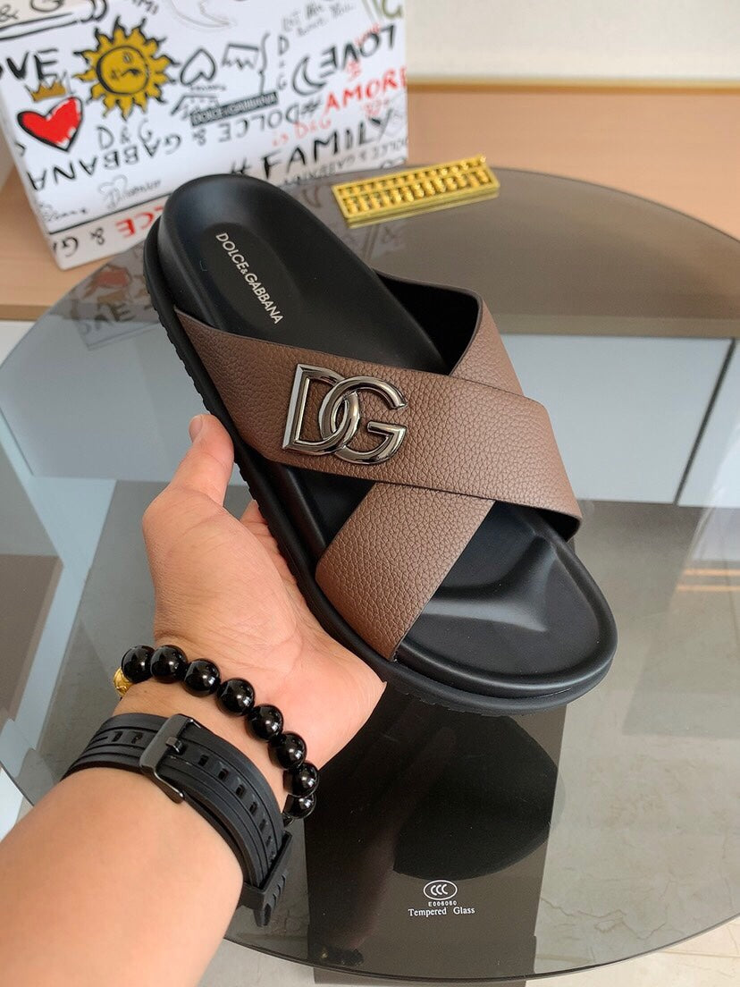 Dolce & Gabbana DG Men's Leather Strap Sandals with Aluminum Buckle