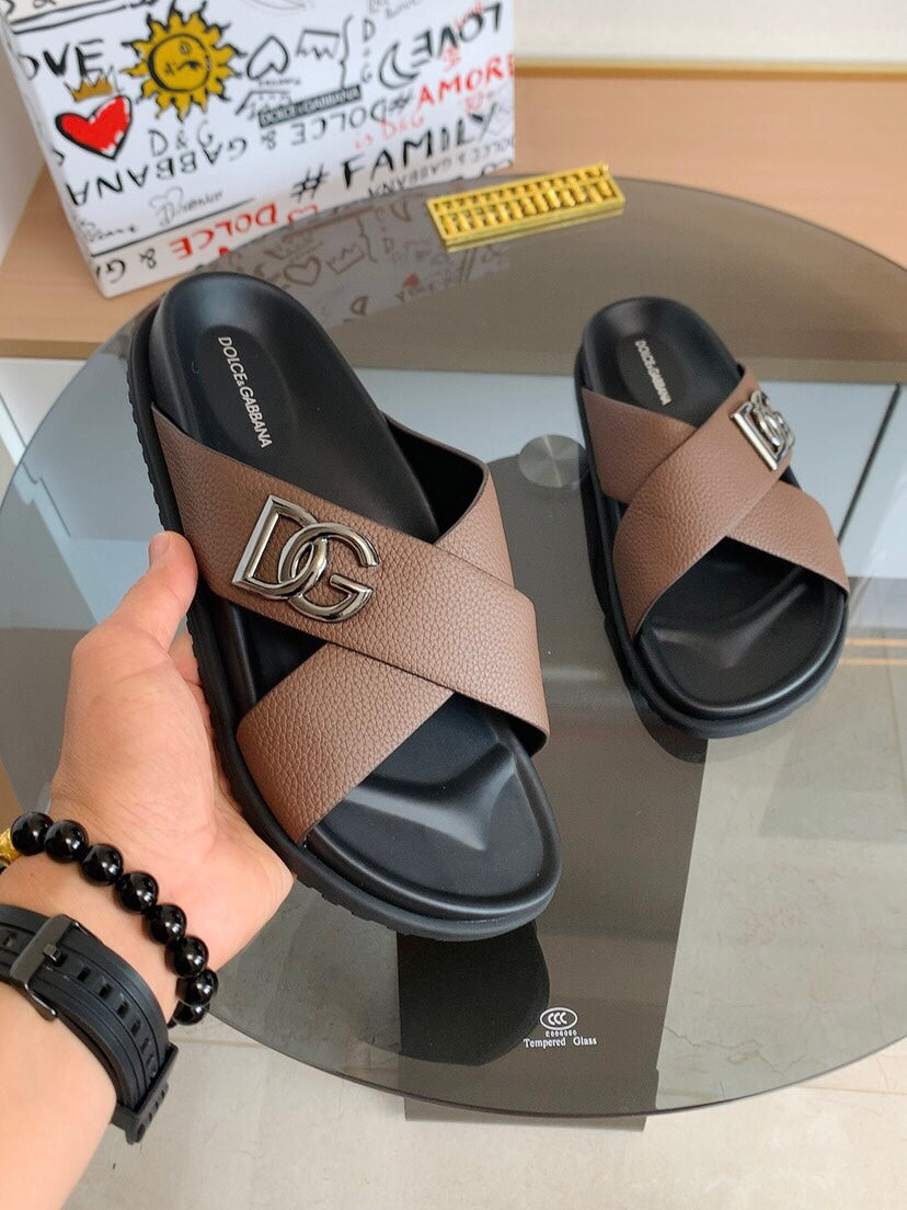 Dolce & Gabbana DG Men's Leather Strap Sandals with Aluminum Buckle