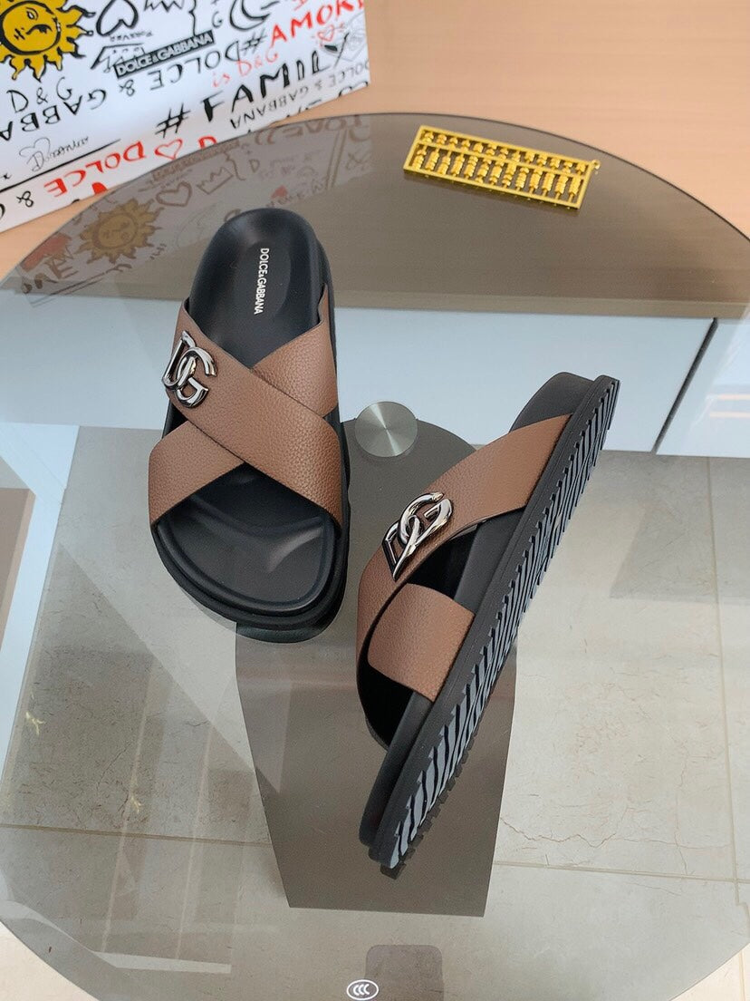 Dolce & Gabbana DG Men's Leather Strap Sandals with Aluminum Buckle