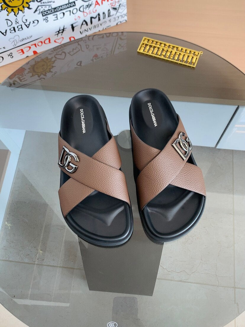 Dolce & Gabbana DG Men's Leather Strap Sandals with Aluminum Buckle