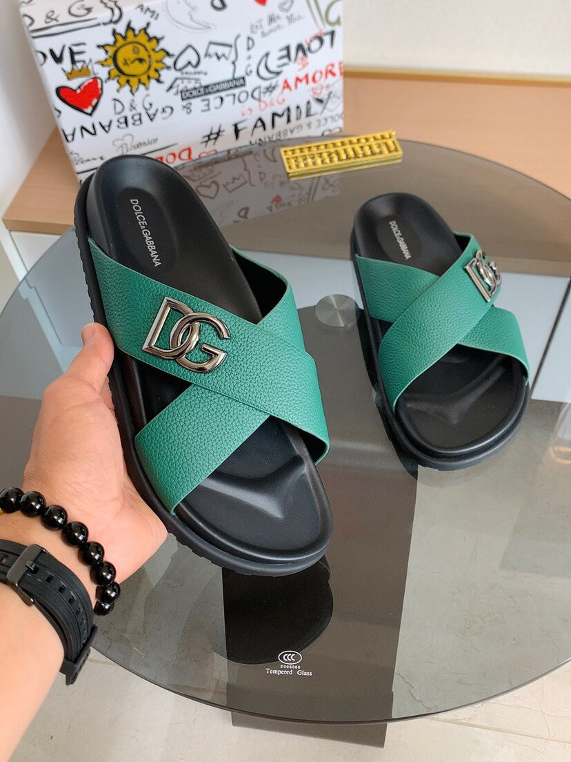 Dolce & Gabbana DG Men's Leather Strap Sandals with Aluminum Buckle