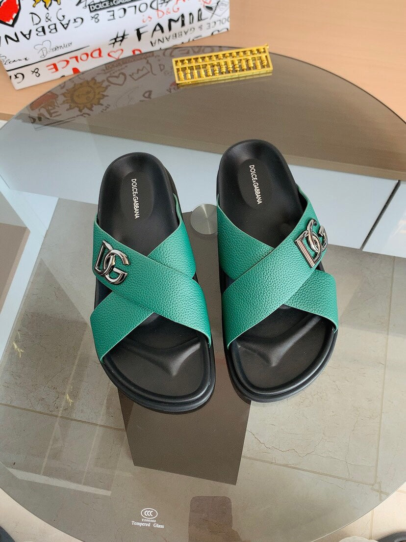 Dolce & Gabbana DG Men's Leather Strap Sandals with Aluminum Buckle