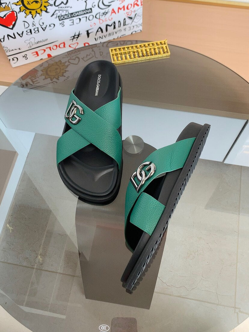Dolce & Gabbana DG Men's Leather Strap Sandals with Aluminum Buckle