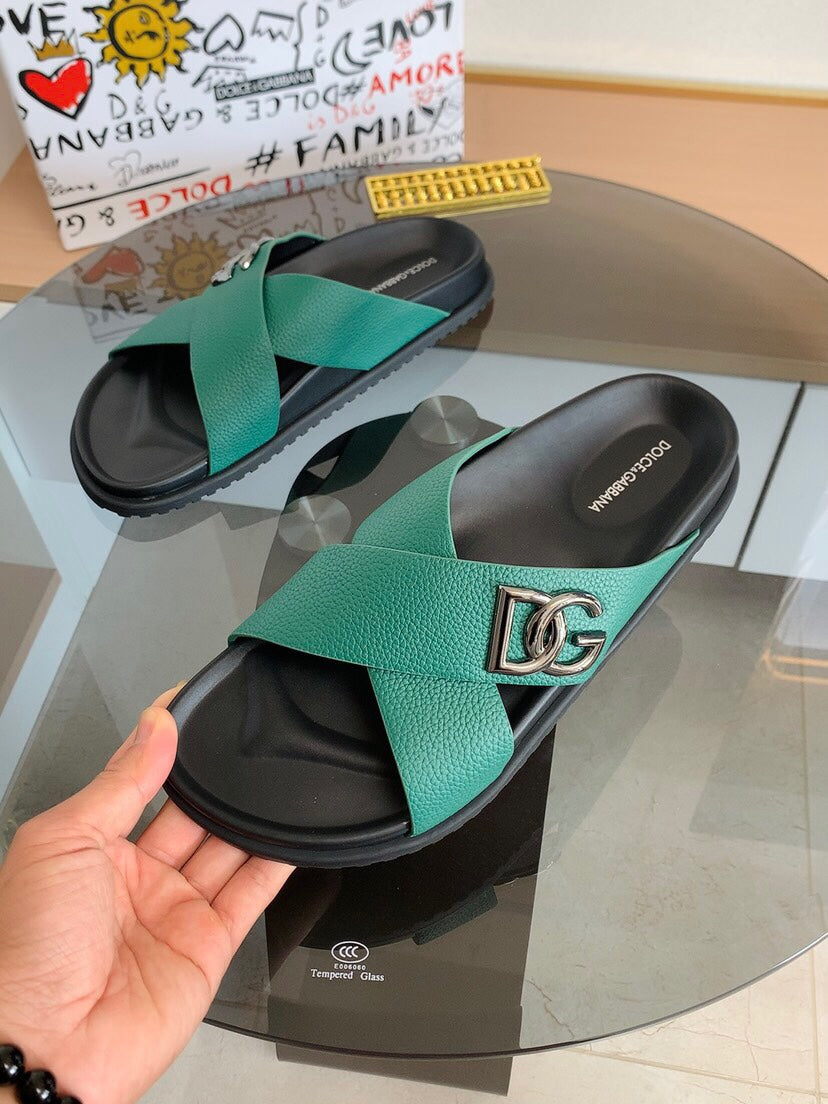 Dolce & Gabbana DG Men's Leather Strap Sandals with Aluminum Buckle