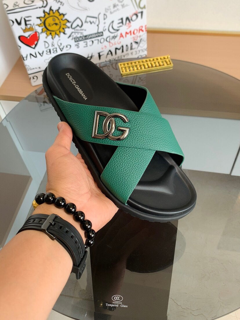Dolce & Gabbana DG Men's Leather Strap Sandals with Aluminum Buckle