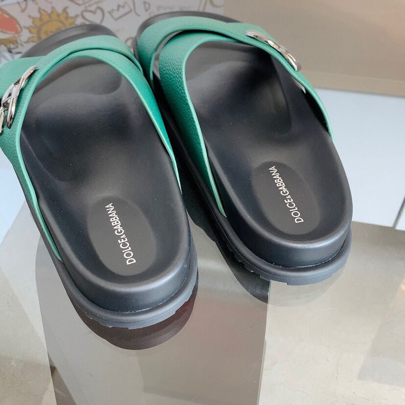 Dolce & Gabbana DG Men's Leather Strap Sandals with Aluminum Buckle