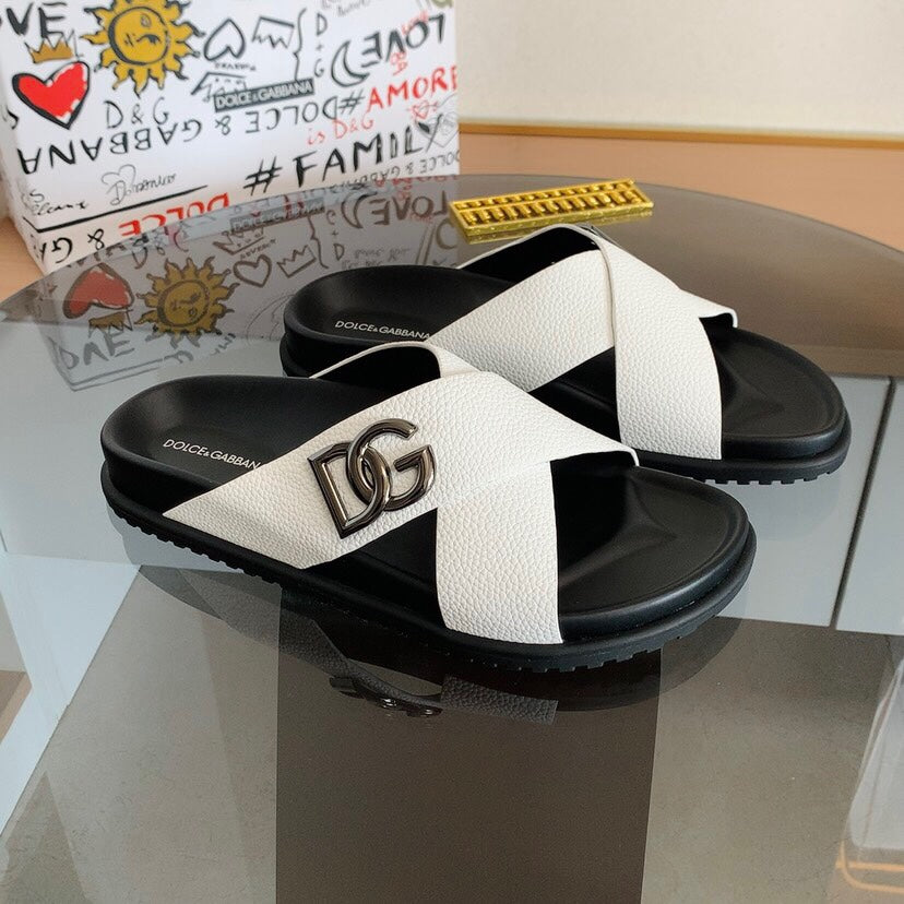 Dolce & Gabbana DG Men's Leather Strap Sandals with Aluminum Buckle