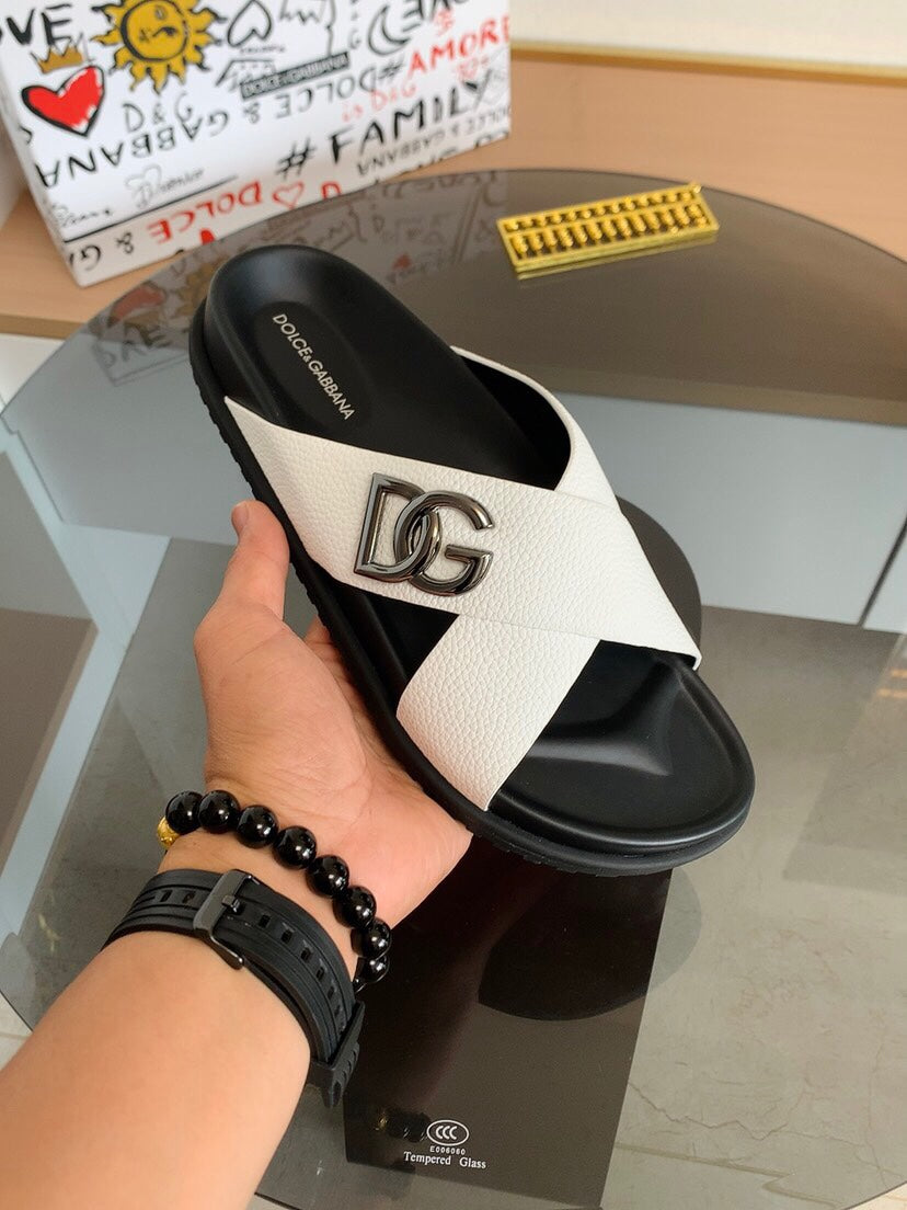 Dolce & Gabbana DG Men's Leather Strap Sandals with Aluminum Buckle