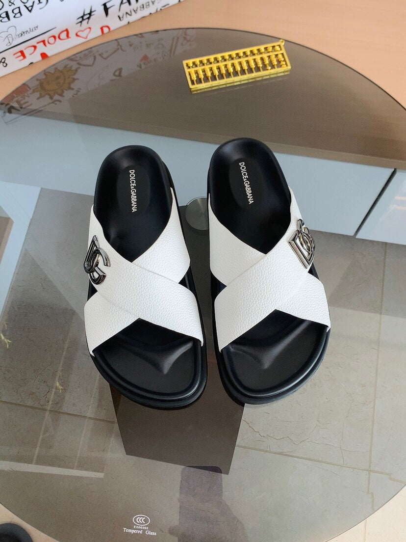Dolce & Gabbana DG Men's Leather Strap Sandals with Aluminum Buckle