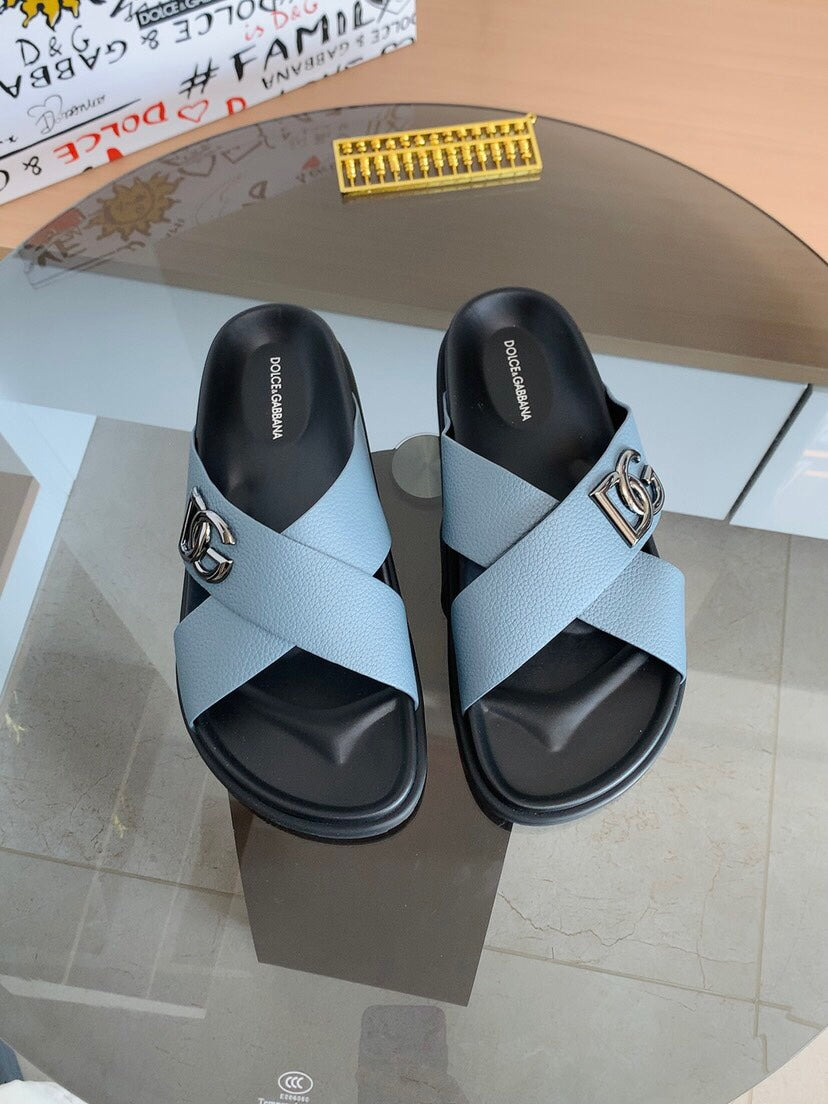 Dolce & Gabbana DG Men's Leather Strap Sandals with Aluminum Buckle