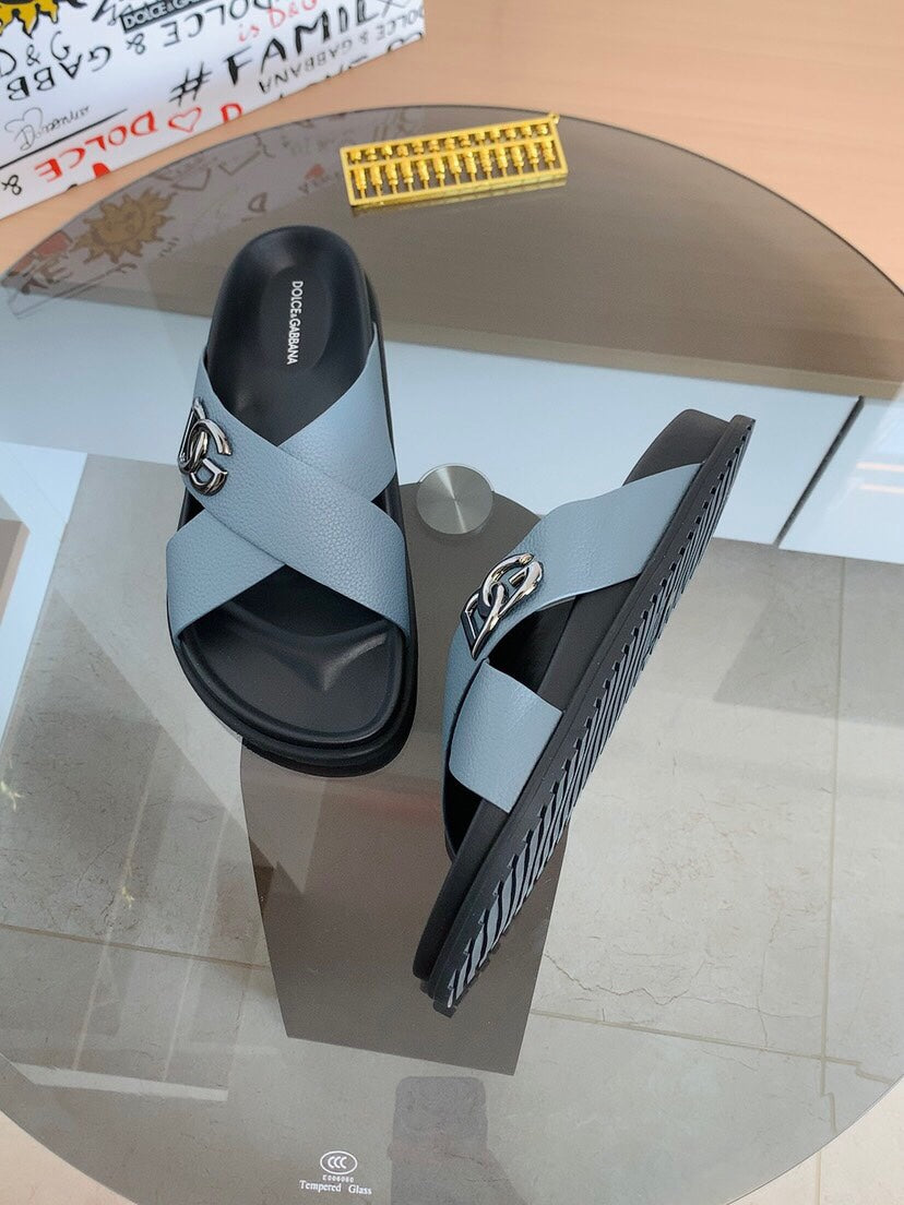 Dolce & Gabbana DG Men's Leather Strap Sandals with Aluminum Buckle