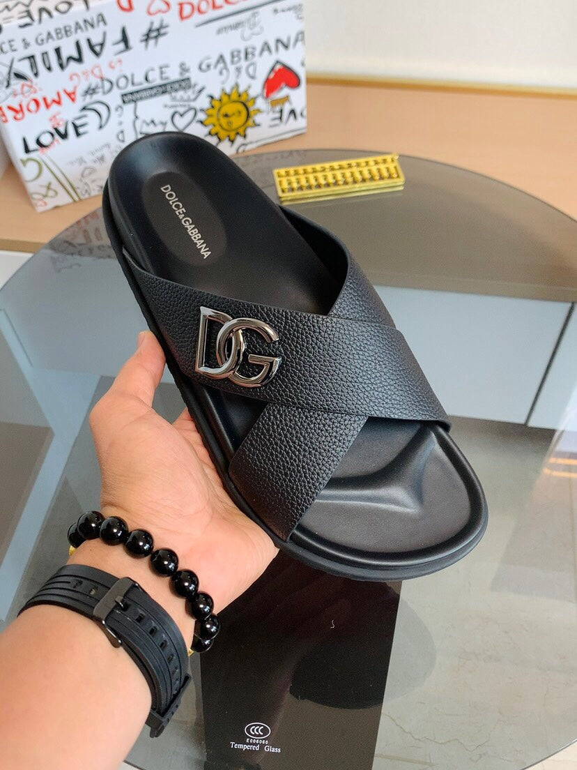 Dolce & Gabbana DG Men's Leather Strap Sandals with Aluminum Buckle